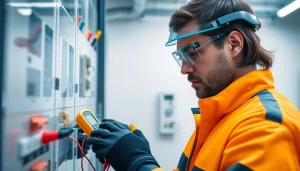 Technician performing a safety check on electrical equipment in a professional workspace.