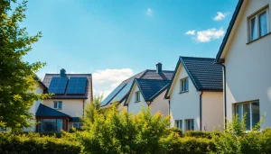 Entdecken Sie Günstige PV Anlage kaufen mit einer Person, die eine moderne Solaranlage in einer sonnigen Wohngegend prüft.