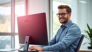 Professioneller Löschdienst arbeitet am Computer, um negative Bewertungen effizient zu verwalten.