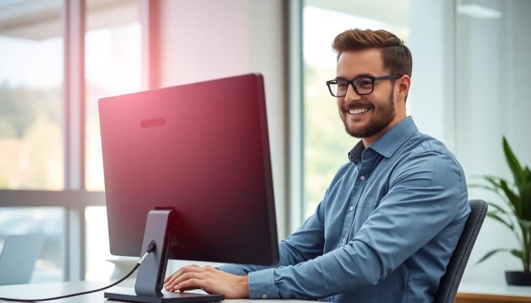 Professioneller Löschdienst arbeitet am Computer, um negative Bewertungen effizient zu verwalten.
