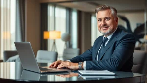 Portrait eines Headhunter CEO, der an einem Schreibtisch mit Laptop und Notizen arbeitet.