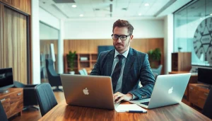 Headhunter Bochum arbeitet konzentriert an einem modernen Arbeitsplatz mit Laptop und Notizen.