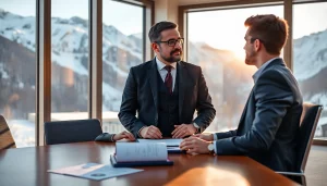 Headhunter Schweiz: Ein professioneller Headhunter berät einen Kandidaten in einem modernen Büro mit Blick auf die Alpen.