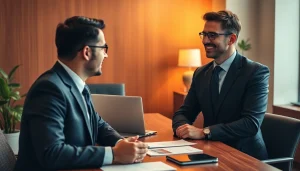 Headhunter engaging professionally with a candidate in a corporate setting, showcasing recruitment.