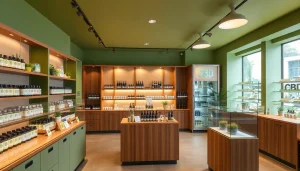 CBD kaufen in einem modernen Shop in Zürich mit sorgfältig präsentierten Produkten.