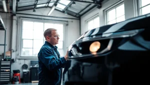 Hagelschaden Reparatur München: Professioneller Mechaniker repariert Dellen an einem Fahrzeug in heller Werkstatt.