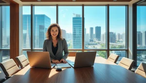 Headhunter zeigt professionelle Kompetenz in einem modernen Büro mit Stadtansicht im Hintergrund.