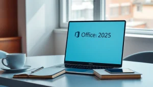 Arbeiten mit Microsoft Office für Mac 2025 auf einem modernen Laptop in einem stilvollen Arbeitsumfeld.