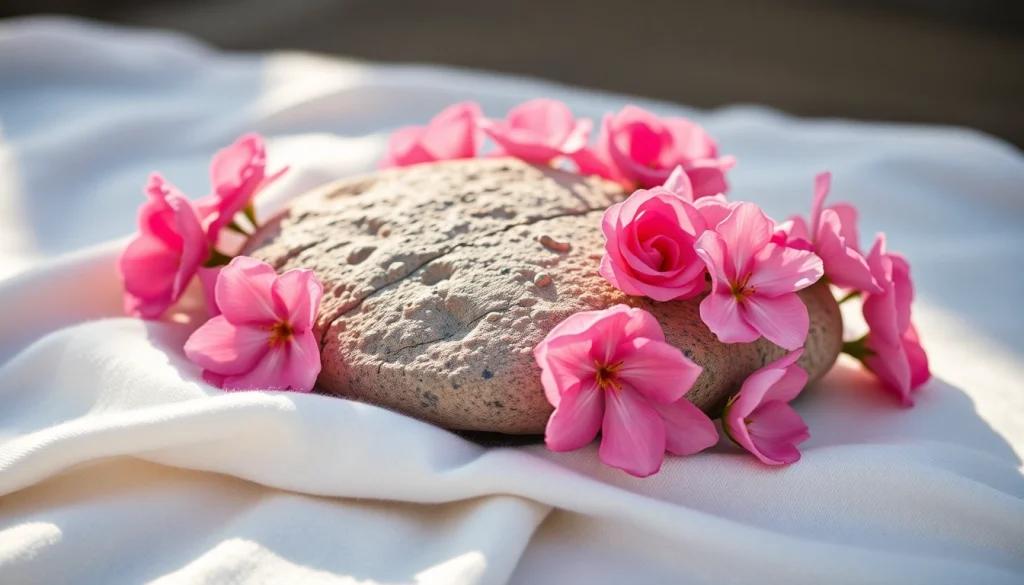 Heilstein Rosenquarz glänzt in der Sonne und zeigt seine herzförmige Struktur, umgeben von rosa Blumen.