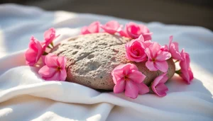 Heilstein Rosenquarz glänzt in der Sonne und zeigt seine herzförmige Struktur, umgeben von rosa Blumen.