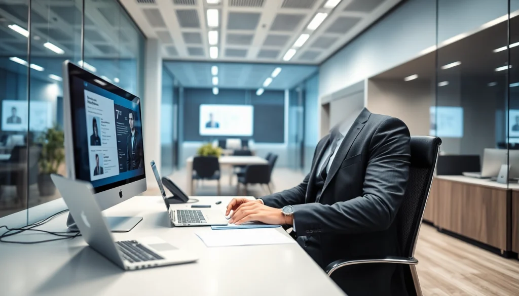 Headhunter IT, der in einem modernen Büro mit Bewerberprofilen am Laptop arbeitet.