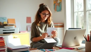 Karten selber gestalten: Person kreiert individuelle Einladungskarten in einem hellen, einladenden Raum mit bunten Materialien.