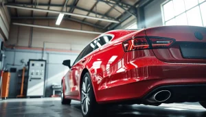 Autopolitur kaufen - glänzendes, frisch poliertes Auto in heller Werkstatt