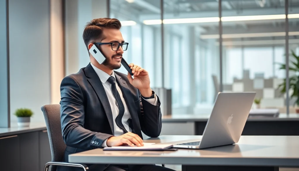 Professioneller Headhunter IT spricht am Telefon mit einem Klienten im modernen BĂŒro.