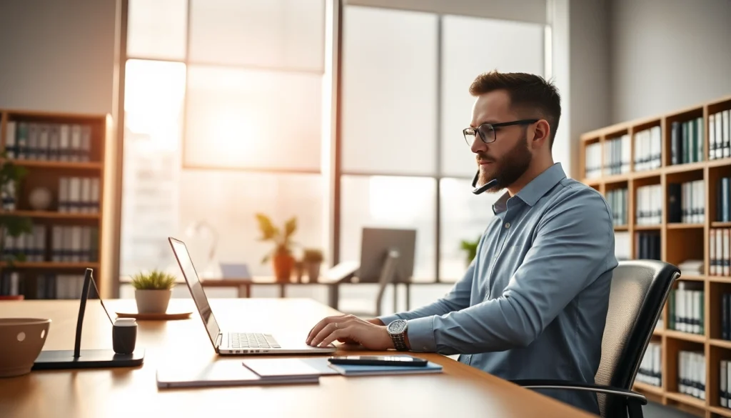Headhunter IT arbeitet konzentriert am Schreibtisch und telefoniert mit einem Kandidaten in einem modernen Büro.