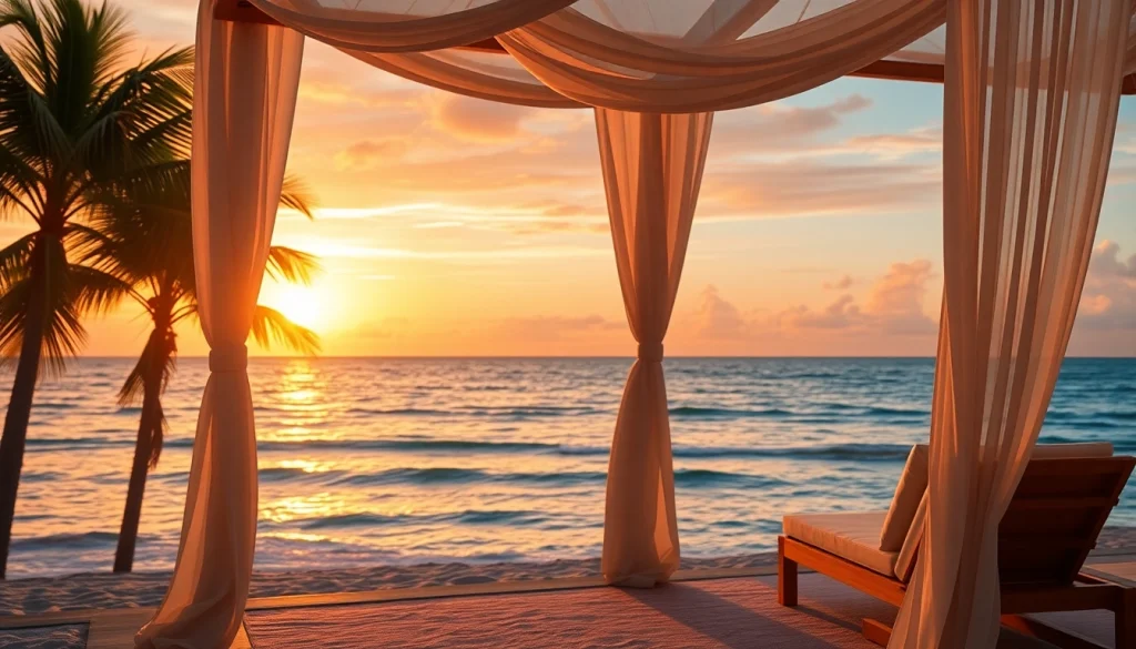 Relax in a luxurious coastal cabana with stunning ocean views at sunset.