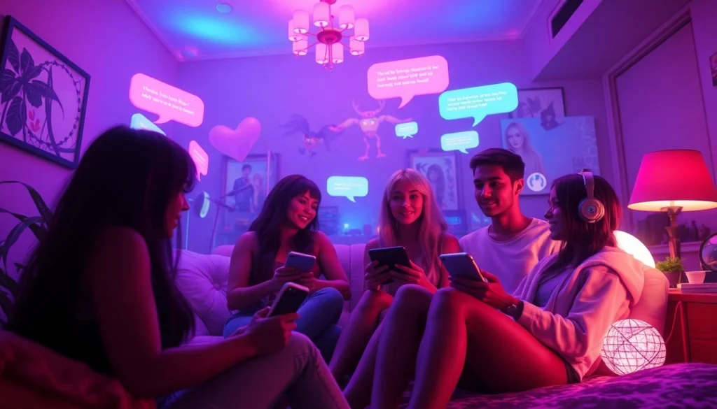 A dynamic scene of engaging porn AI chat interactions in a vibrant virtual environment with playful characters.
