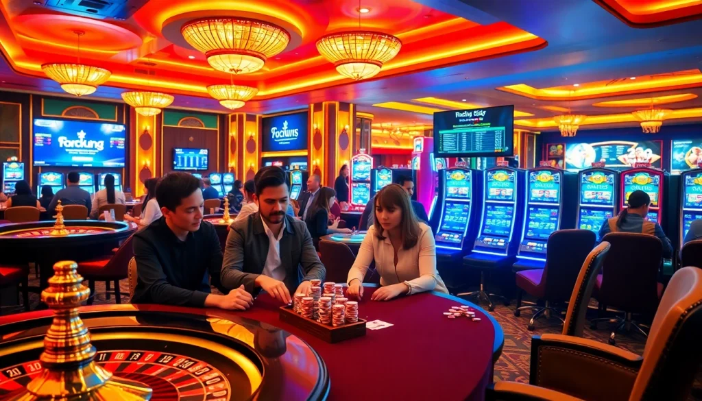 Experience thrilling games at https://topclub.site/ with vibrant casino visuals featuring players enjoying poker and slots.