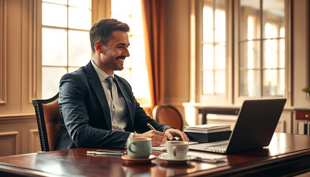 Der Headhunter Gastronomie bei der Arbeit in einem eleganten Büro, umgeben von Notizen und einem Laptop, strahlt Professionalität und Engagement aus.