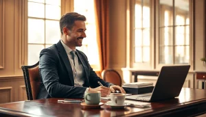 Der Headhunter Gastronomie bei der Arbeit in einem eleganten Büro, umgeben von Notizen und einem Laptop, strahlt Professionalität und Engagement aus.