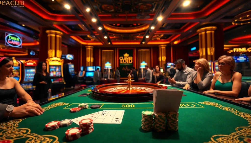 Players enjoying a thrilling game at https://topclub.website/ casino table surrounded by poker chips and cards.