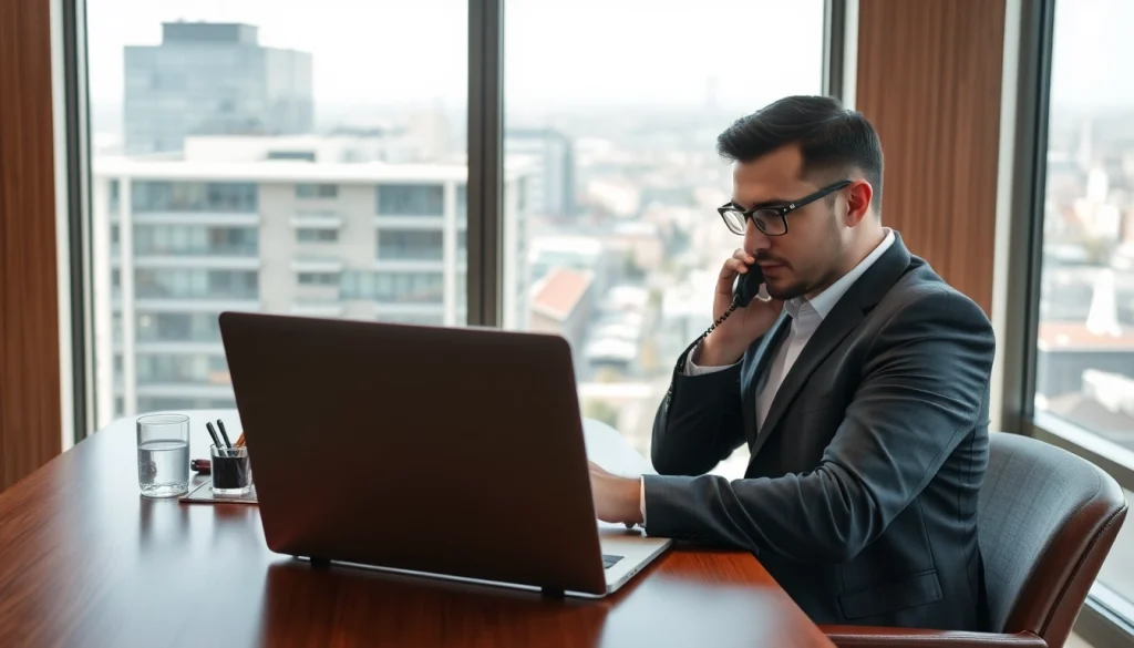 Headhunter Gastronomie am Telefon im modernen Büro mit Lebensläufen.