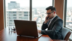 Headhunter Gastronomie am Telefon im modernen Büro mit Lebensläufen.