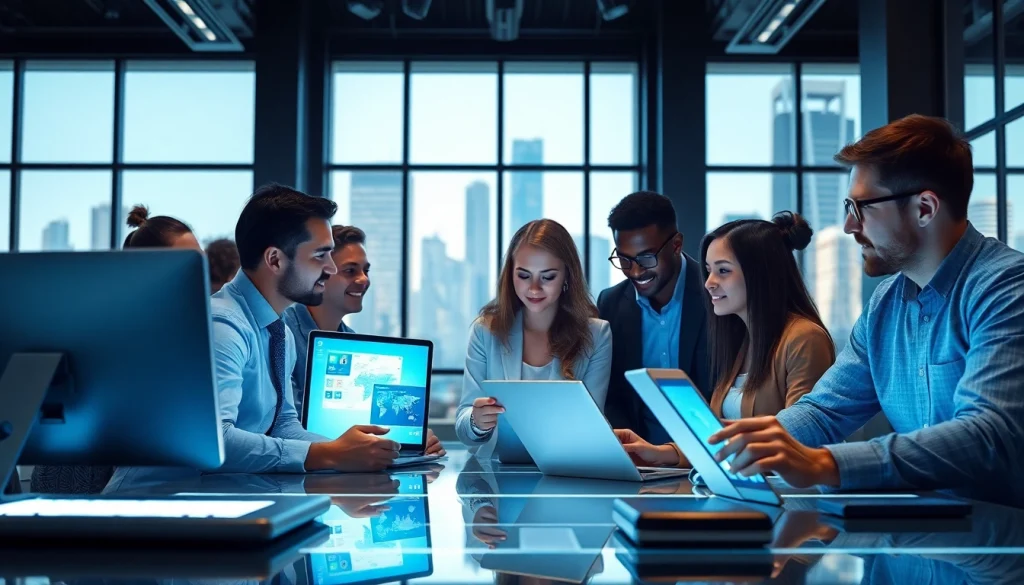 Technologie in einem modernen Büro, das Team brainstormt aktiv.