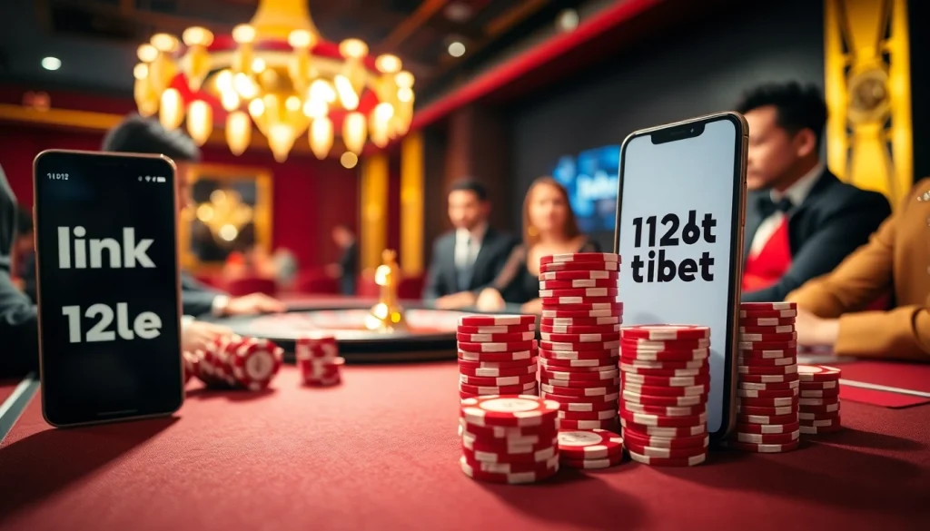 Play poker and win big at the luxurious casino setting with the link 12bet prominently displayed.