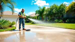 Driveway pressure wash in Kissimmee, showcasing a technician cleaning concrete for a fresh look.