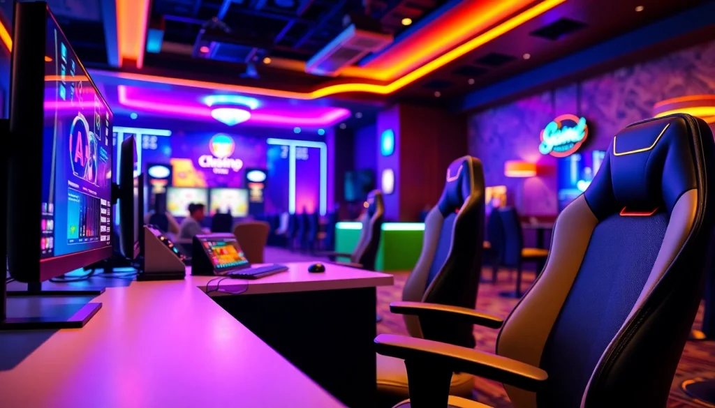 A szórakoztató online kaszinó élmény egy modern játékszobában, világító LED háttérrel.