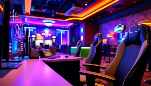 A szórakoztató online kaszinó élmény egy modern játékszobában, világító LED háttérrel.