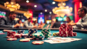 Játékosok online kaszinóban élvezik a játékot, színes zsetonokkal és kártyákkal az asztalon.