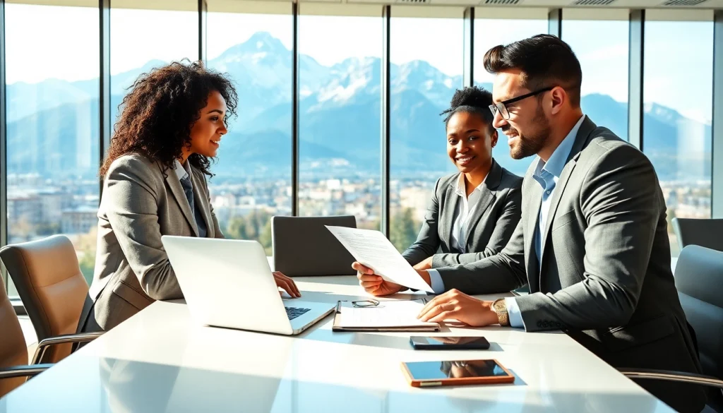 Headhunter Schweiz berät Kunden in einem modernen Schweizer Büro mit Blick auf die Alpen