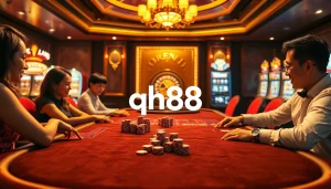Players enjoying a thrilling poker game at qh88 casino, surrounded by vibrant slot machines.