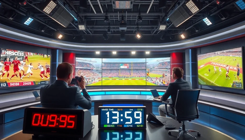 Engaging scene of sports broadcasting with hosts and live sports coverage.