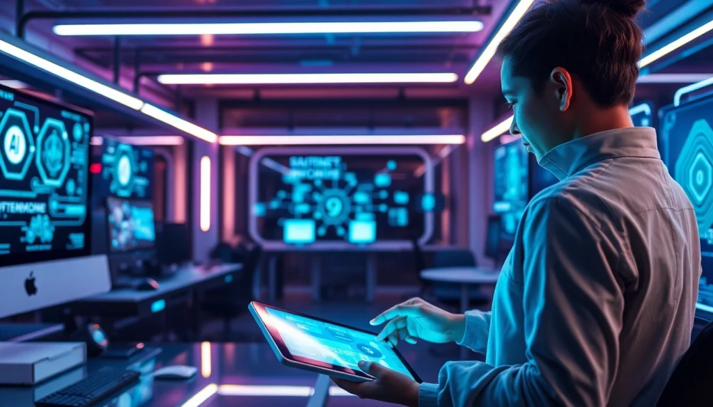 AI technology for adults in a modern workspace featuring interactive screens and a user engaging with a tablet, showcasing the 18+ ai concept.