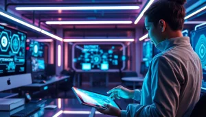 AI technology for adults in a modern workspace featuring interactive screens and a user engaging with a tablet, showcasing the 18+ ai concept.