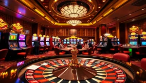 Exciting casino scene featuring poker players and slot machines at https://gg88.black/.