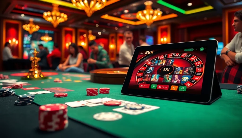 Engaged gamblers at a luxurious 88i casino, with an online betting interface highlighting thrilling games.