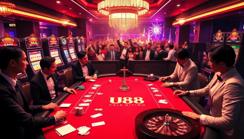 Engaging players at the U888 casino table with poker chips and cards in a vibrant atmosphere.
