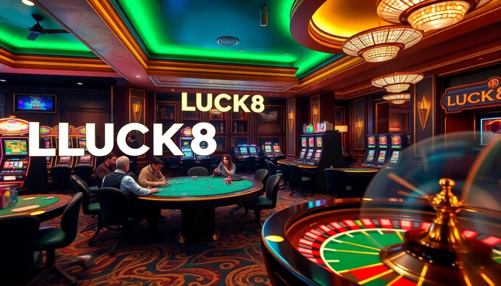 Logo LUCK8 tỏa sáng trên bàn poker cược cao, ghi lại cảm giác hồi hộp của trò chơi casino.