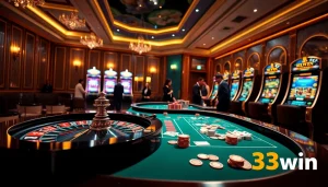 Players enjoying a thrilling game at 33win casino with vibrant action and luxurious tables.