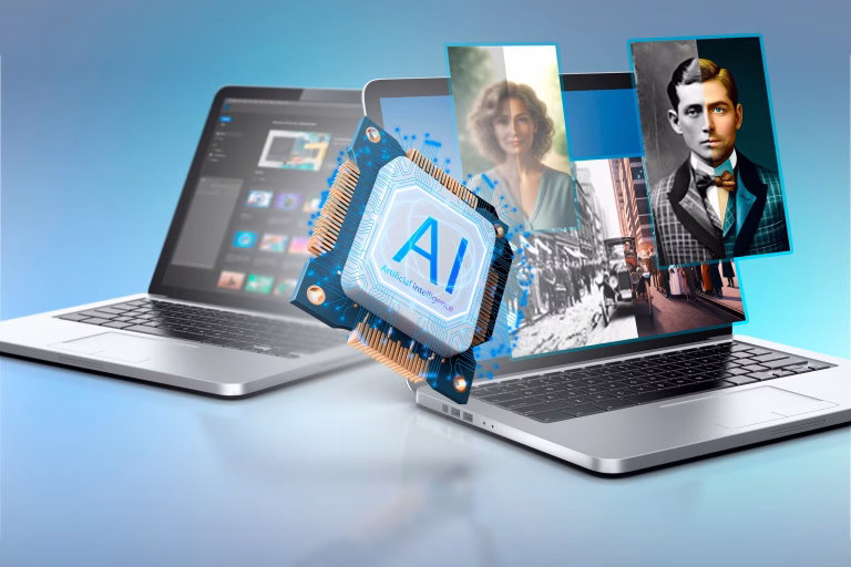 an-artificial-intelligence-chip-in-the-center-and-two-laptops-in-the-background-one-with-photoshop-open-and-the-other-showing-some-restored-images