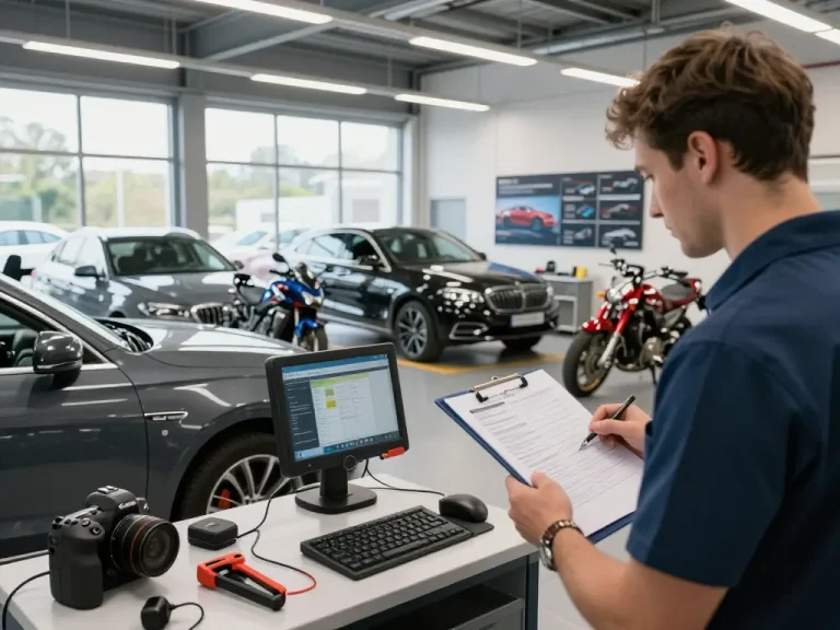 Kfz Sachverständiger Eschweiler bewertet Fahrzeugschäden in einer professionellen Kfz-Werkstatt.