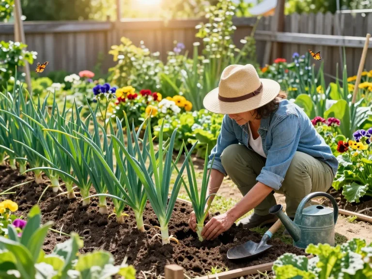 Gardener planting porree jungpflanzen in a vibrant garden filled with healthy vegetables.