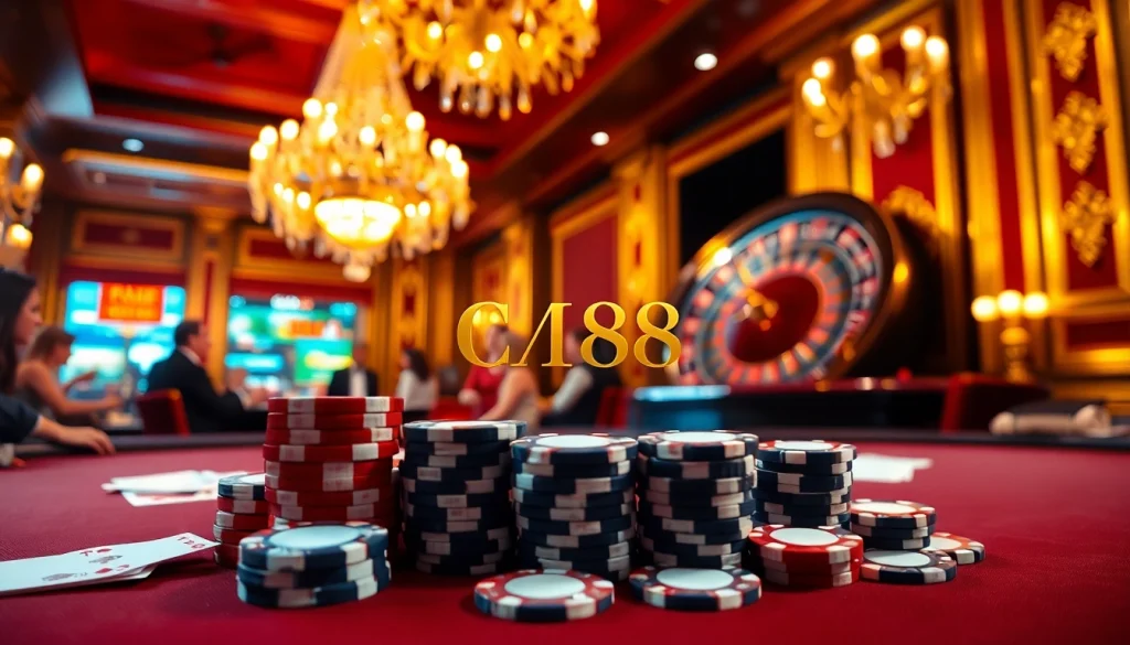 CM88 poker chips and cards showcasing excitement at a high-stakes casino table.