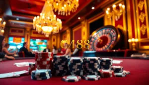CM88 poker chips and cards showcasing excitement at a high-stakes casino table.