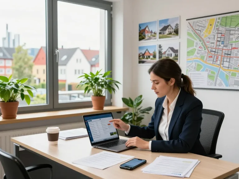 Immobilienmakler arbeitet in modernem Büro und präsentiert die Dienstleistungen von Immobilienmakler Frankfurt Preungesheim.