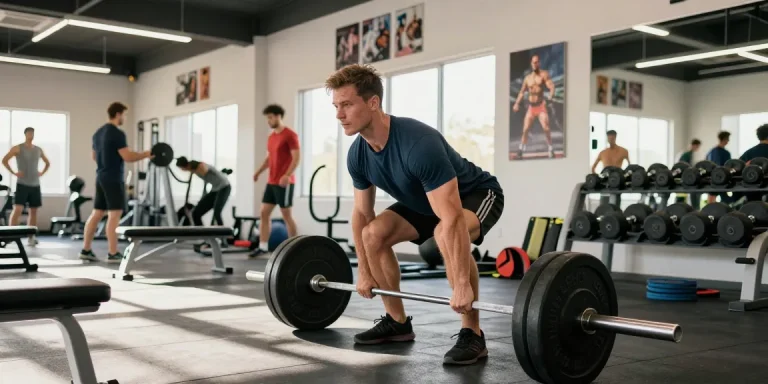 Kraftsportler hebt Gewichte in einer Fitnessstudio-Umgebung im Steroidshop und zeigt Stärke und Entschlossenheit.